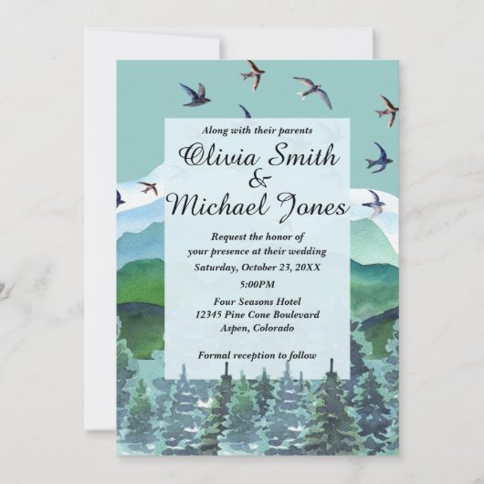 水彩山と木結婚式招待状 招待状 (正面)