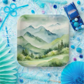 水彩山と木 ペーパープレート (パーティー)