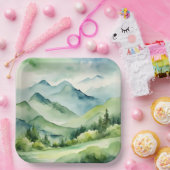 水彩山と木 ペーパープレート (パーティー)