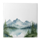 水彩山と緑の松の木の自然 タイル (正面)