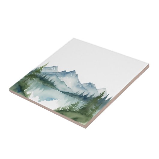 水彩山と緑の松の木の自然 タイル (側面)