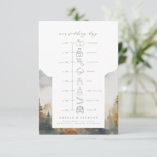 水彩山のアイコン結婚付きタイムライン エンクロージャーカード (スタンド正面)