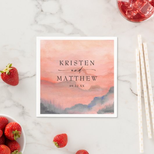 水彩山の夕日素朴結婚の スタンダードカクテルナプキン (インサイチュ)