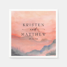 水彩山の夕日素朴結婚の スタンダードカクテルナプキン