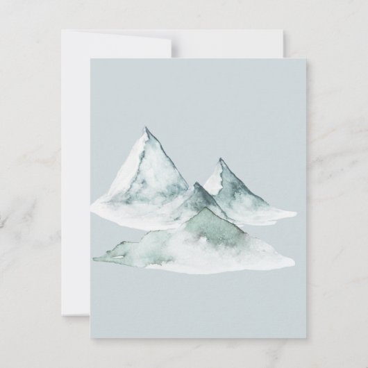 水彩山の緑と白の冬の結婚式 サンキューカード (裏面)