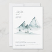 水彩山の緑と白の冬の結婚式 招待状 (正面)
