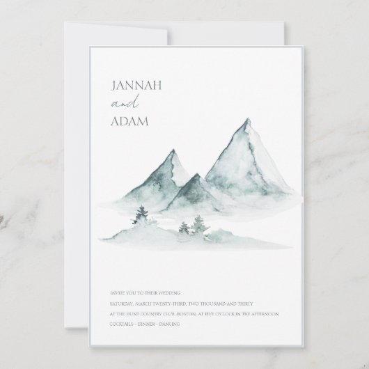 水彩山の緑と白の冬の結婚式 招待状 (正面)