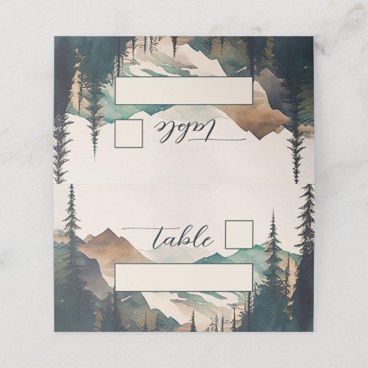 水彩山松林結婚の プレイスカード (外部開封)
