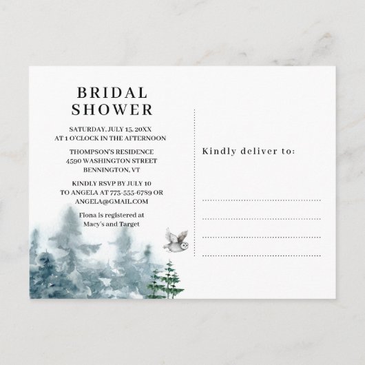 水彩山林の動物ブライダルシャワー インビテーションポストカード (裏面)
