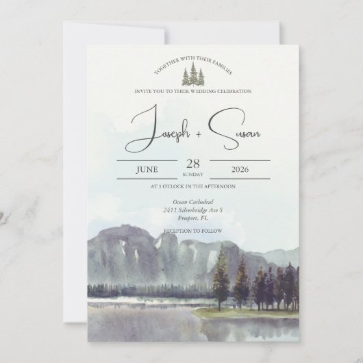 水彩山林の木々レイク結婚ズ 招待状 (正面)