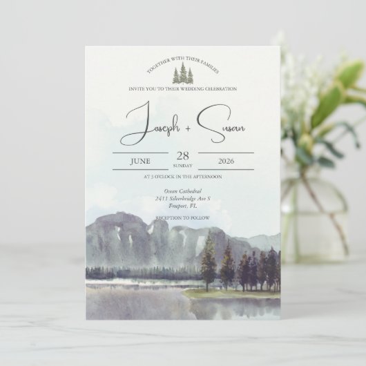 水彩山林の木々レイク結婚ズ 招待状 (スタンド正面)