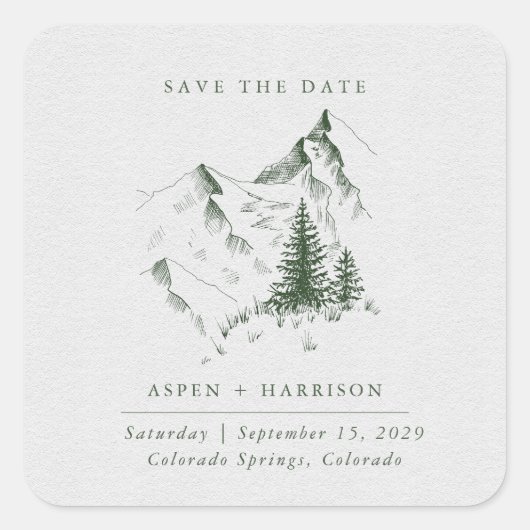 水彩山林松樹 保存日期卡 スクエアシール (正面)