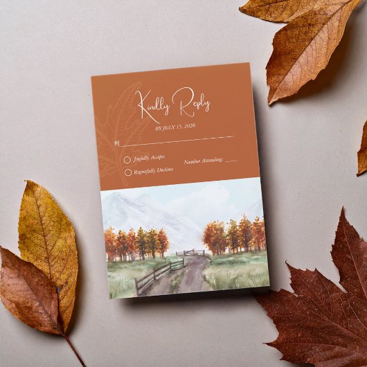 水彩山秋秋の木の葉結婚の 出欠カード
