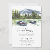 水彩山素朴湖とボート結婚ズ 招待状 (正面)