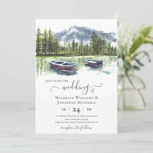 水彩山素朴湖とボート結婚ズ 招待状 (スタンド正面)
