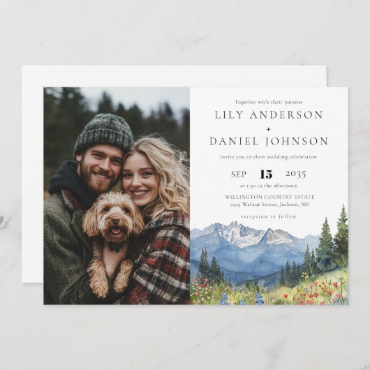 水彩山野花照片婚礼邀请函 招待状 (正面/裏面)