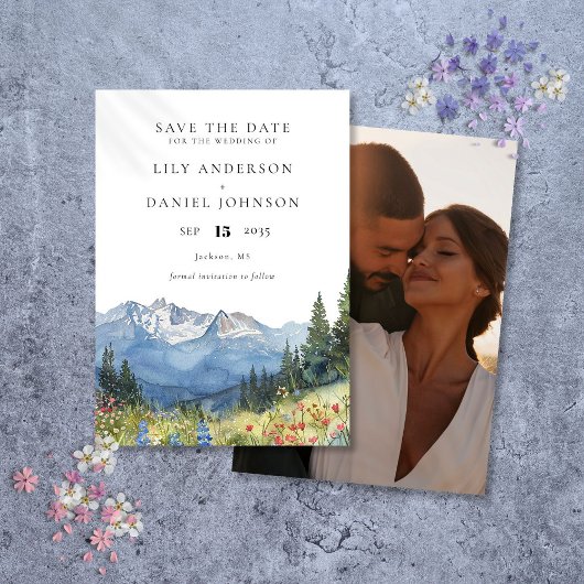 水彩山野花照片婚礼 セーブザデート