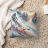 水彩山雪スキーヤー クッション (ブランケット)