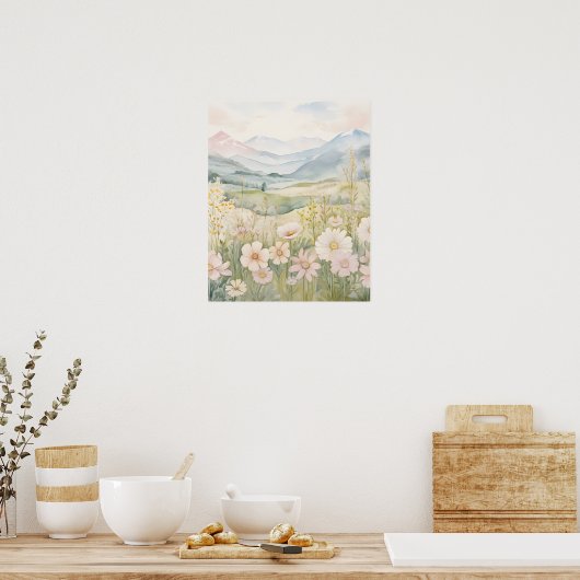 水彩山風景壁画 ポスター (キッチン)