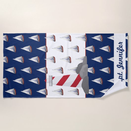 水彩帆船と灯台名前をカスタムする ビーチタオル (正面)