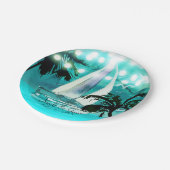 水彩帆船のヤシの木とストリングライト ペーパープレート (アングル)