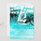 水彩帆船のヤシの木とストリングライト 招待状 (正面)