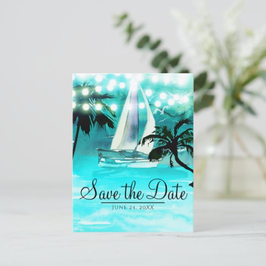 水彩帆船の木とライト日付を保存 案内ポストカード (スタンド正面)