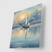 水彩帆船オン海絵画 スクエア壁時計 (傾斜)