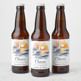 水彩帆船サンセットシー結婚ケープ ビールラベル