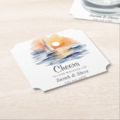 水彩帆船サンセットシー結婚ケープ ペーパーコースター (アングル)