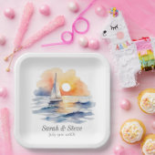 水彩帆船サンセットシー結婚ケープ ペーパープレート (パーティー)