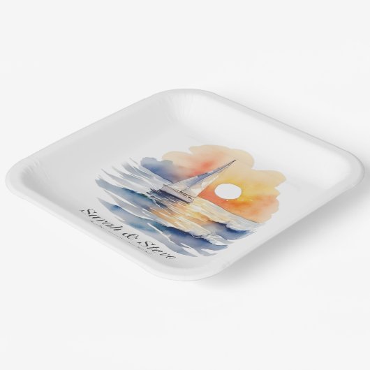 水彩帆船サンセットシー結婚ケープ ペーパープレート (傾斜あり)