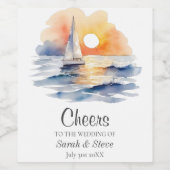 水彩帆船サンセットシー結婚ケープ ワインラベル (シングルラベル)