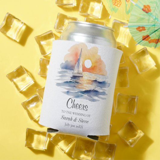 水彩帆船サンセットシー結婚ケープ 缶クーラー (インサイチュ 夏)