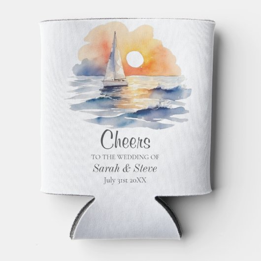 水彩帆船サンセットシー結婚ケープ 缶クーラー (正面)