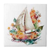 水彩帆船セラミックタイル