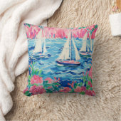 水彩帆船ピンクフローラ沿岸名門私立校風の クッション (ブランケット)