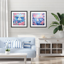 水彩帆船ピンク熱帯広場 ポスター