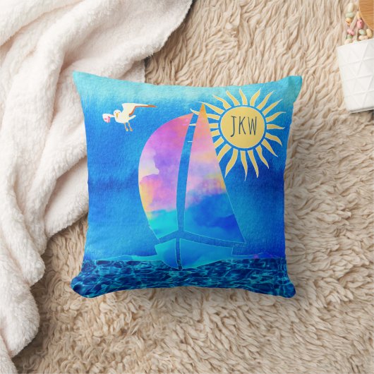 水彩帆船ブルースカイきらめくウォーター クッション (ブランケット)