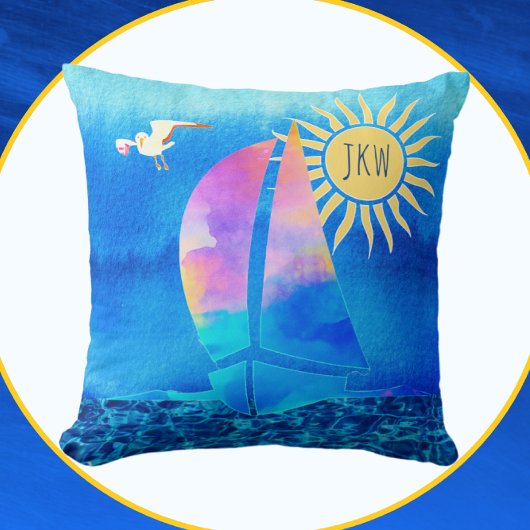 水彩帆船ブルースカイきらめくウォーター クッション