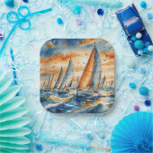 水彩帆船レガッタ ペーパープレート (パーティー)