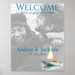 水彩帆船結婚の歓迎の写真 ポスター