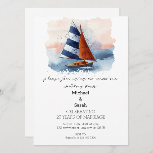 水彩帆船結婚の誓の更新 招待状 (正面/裏面)