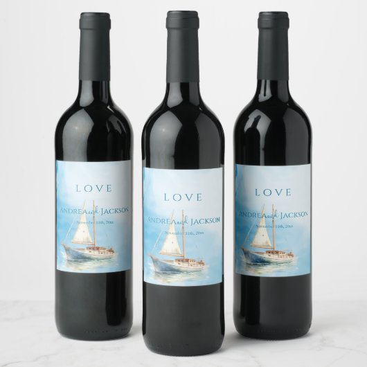水彩帆船結婚船 ワインラベル (ボトル)