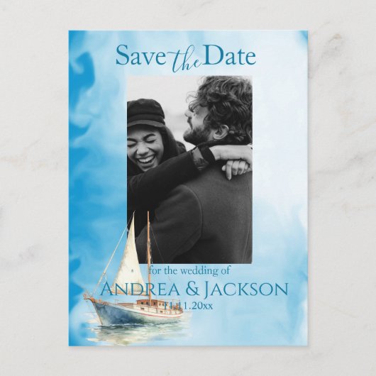 水彩帆船Save the Date Photo ポストカード (正面)