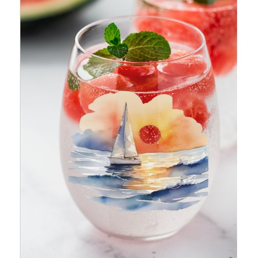 水彩帆走帆船サン航海のセット海 ステムなしワイングラス