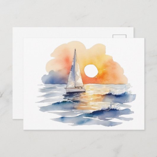 水彩帆走帆船サン航海のセット海 ポストカード (正面/裏面)