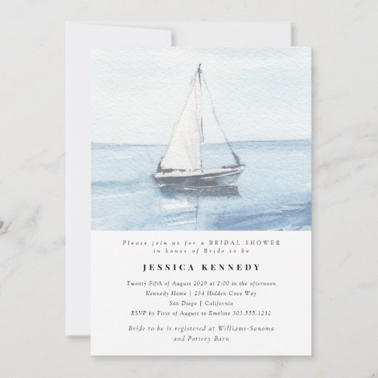 水彩帆走航海のブライダルシャワー 招待状 (正面)