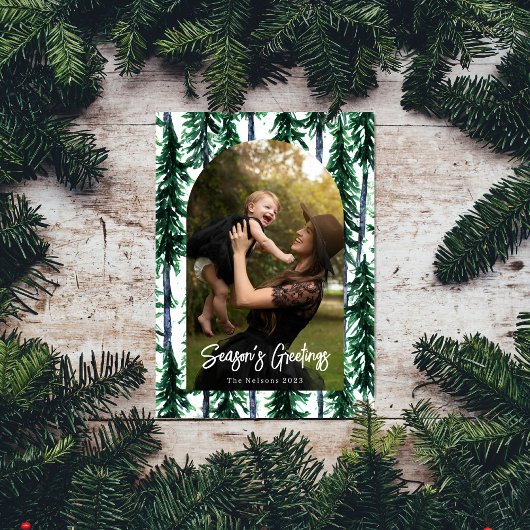 水彩常緑樹クリスマスツリー写真アーチ シーズンカード