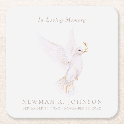 水彩平和葬儀記念ホワイト鳩 スクエアペーパーコースター (正面)